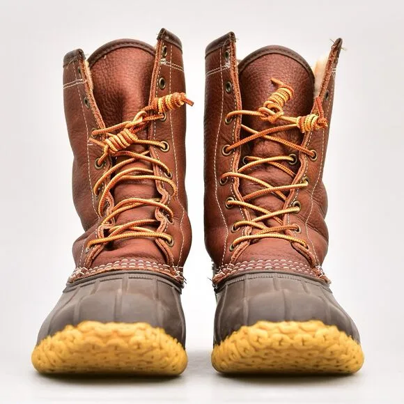 L.L.Bean Men's Brown Bean Duck Leather Lace Up SHEARLING Boots Size 9 M RAIN