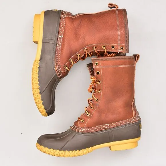 L.L.Bean Men's Brown Bean Duck Leather Lace Up SHEARLING Boots Size 9 M RAIN