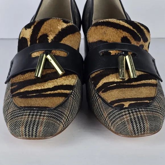 Louise et Cie Anumal Print And Plaid Block Heel Loafers With Tassles Size 8.5