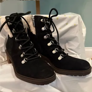 Lucky Brand Stylish Black Lace-Up Suede Boots with Shearling Trim