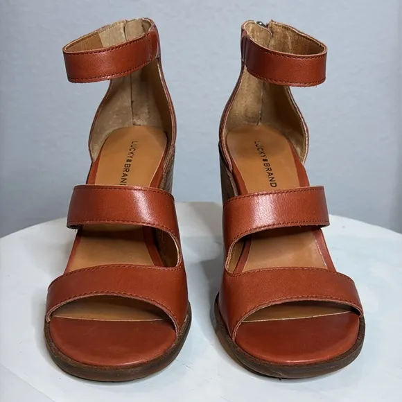 LUCKY BRAND VALKA RANCHO BROWN ANKLE STRAP HEELED SANDALS