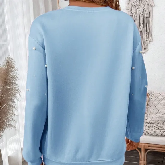 LUNE Drop Shoulder Faux Pearl Beaded Pullover