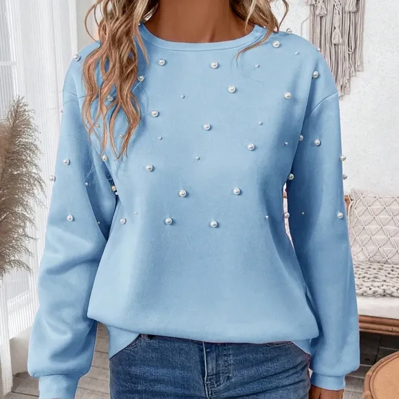 LUNE Drop Shoulder Faux Pearl Beaded Pullover