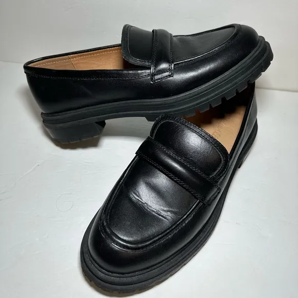 Madewell Womens Black Leather Bradley Lugsole Platform Loafers Size 9