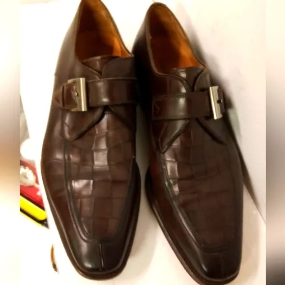 Magnanni Monk Shoes Mens Brown Leather Croc Loafers Size 8.5