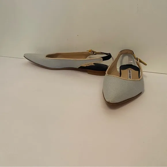MANOLO BLAHNIK FLATS SHOES PALE BLUE FABRIC LEATHER ITALY 36.5 6.5 POINTED TOE