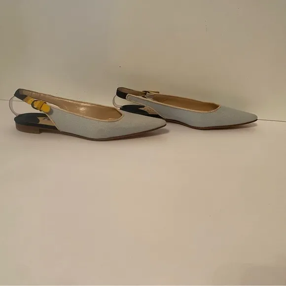 MANOLO BLAHNIK FLATS SHOES PALE BLUE FABRIC LEATHER ITALY 36.5 6.5 POINTED TOE