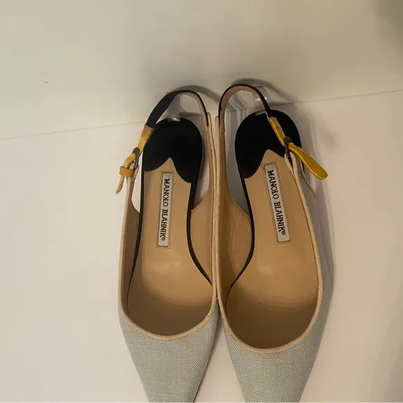 MANOLO BLAHNIK FLATS SHOES PALE BLUE FABRIC LEATHER ITALY 36.5 6.5 POINTED TOE