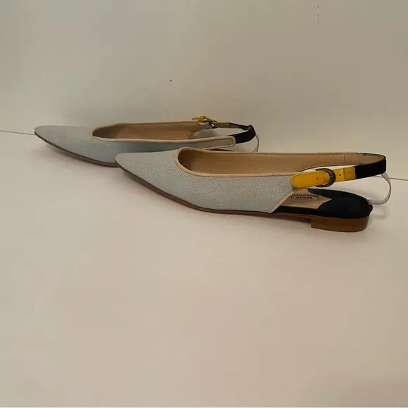 MANOLO BLAHNIK FLATS SHOES PALE BLUE FABRIC LEATHER ITALY 36.5 6.5 POINTED TOE