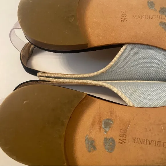 MANOLO BLAHNIK FLATS SHOES PALE BLUE FABRIC LEATHER ITALY 36.5 6.5 POINTED TOE