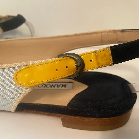 MANOLO BLAHNIK FLATS SHOES PALE BLUE FABRIC LEATHER ITALY 36.5 6.5 POINTED TOE