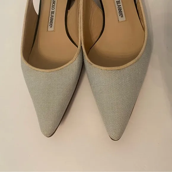 MANOLO BLAHNIK FLATS SHOES PALE BLUE FABRIC LEATHER ITALY 36.5 6.5 POINTED TOE