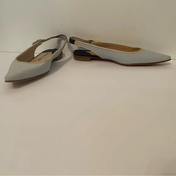 MANOLO BLAHNIK FLATS SHOES PALE BLUE FABRIC LEATHER ITALY 36.5 6.5 POINTED TOE