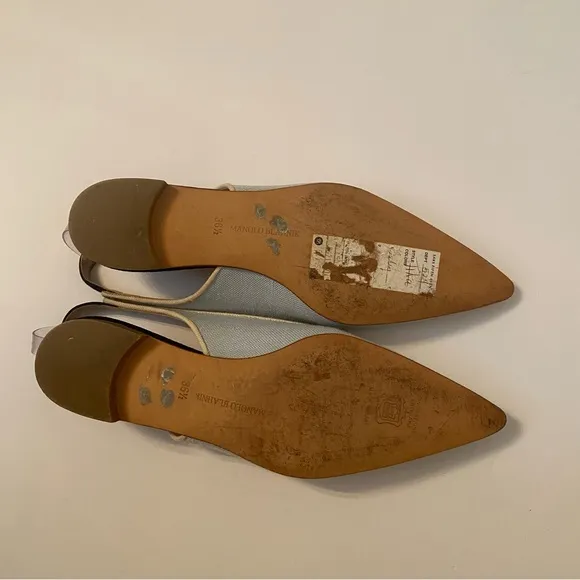 MANOLO BLAHNIK FLATS SHOES PALE BLUE FABRIC LEATHER ITALY 36.5 6.5 POINTED TOE