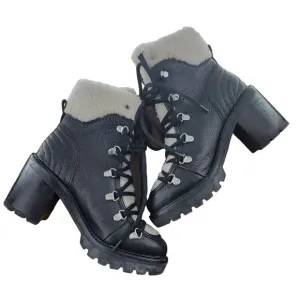 Marc Fisher &quot;Daven&quot; Hiker Lace Up Boots Womens Size 5.5 Black Leather White