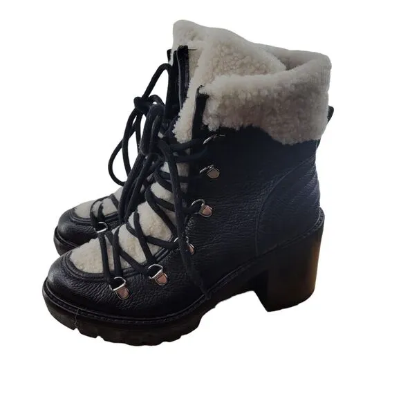 Marc Fisher &quot;Daven&quot; Hiker Lace Up Boots Womens Size 5.5 Black Leather White