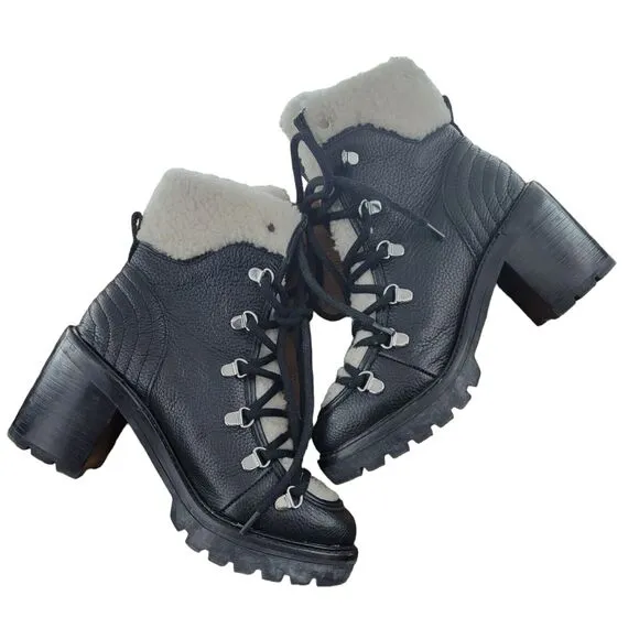 Marc Fisher &quot;Daven&quot; Hiker Lace Up Boots Womens Size 5.5 Black Leather White
