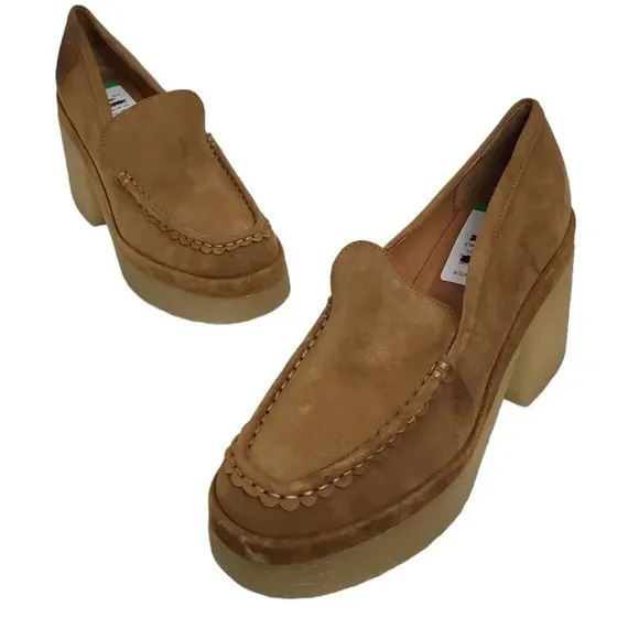 MARC FISHER LINA SUEDE HEELED LOAFERS MEDIUM BROWN