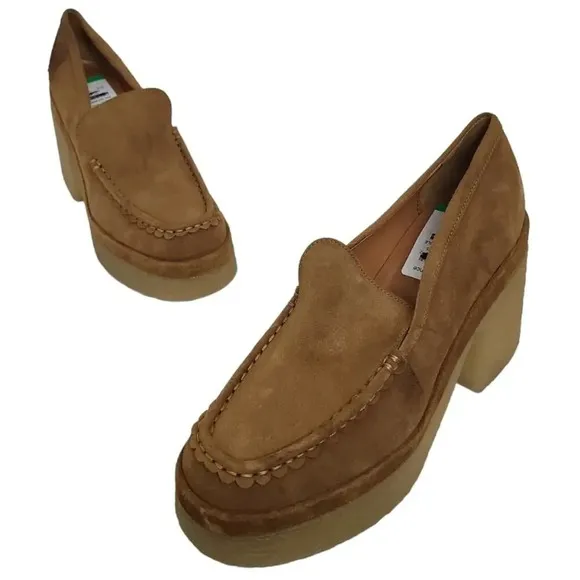 MARC FISHER LINA SUEDE HEELED LOAFERS MEDIUM BROWN