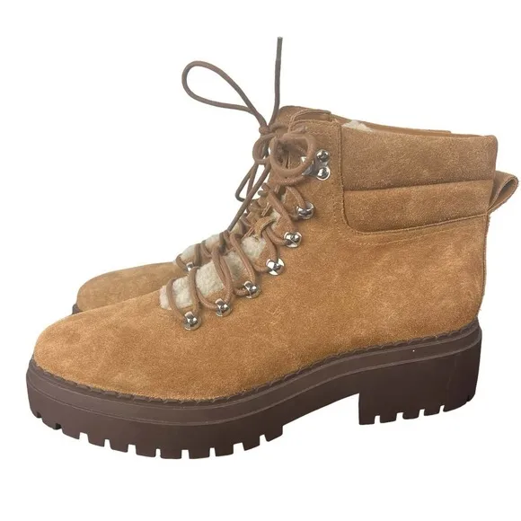 MARC FISHER LTD NAIRY FAUX FUR TRIM HIKING BOOTS IN BROWN NWOT WOMEN'S SIZE 11