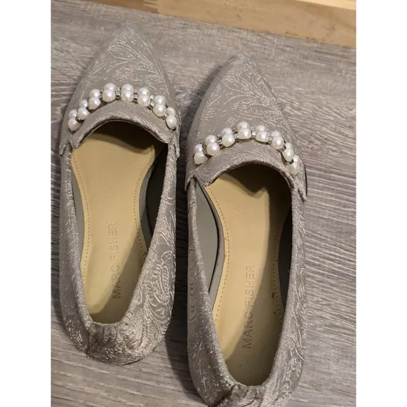 Marc Fisher Silver Gray Floral Brocade Velvet Loafers Beaded Size 5M Moto Boho