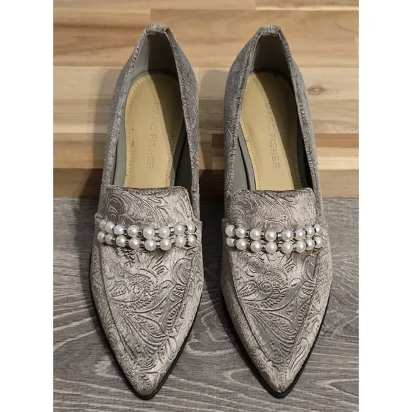 Marc Fisher Silver Gray Floral Brocade Velvet Loafers Beaded Size 5M Moto Boho
