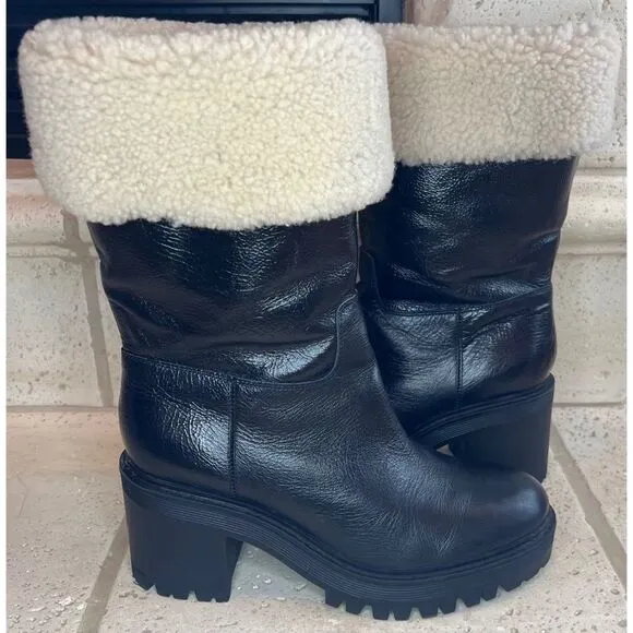 Marc Fisher Willoe Black Leather Genuine Shearling Trim Heeled Boots Sz 6