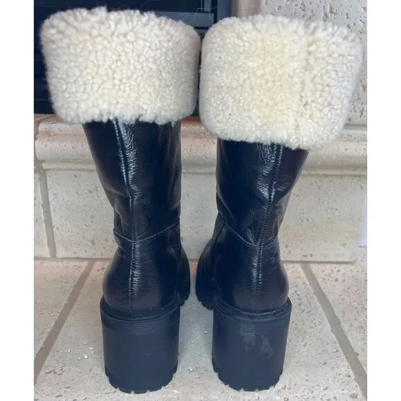 Marc Fisher Willoe Black Leather Genuine Shearling Trim Heeled Boots Sz 6