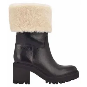 Marc Fisher Willoe Black Leather Genuine Shearling Trim Heeled Boots Sz 6