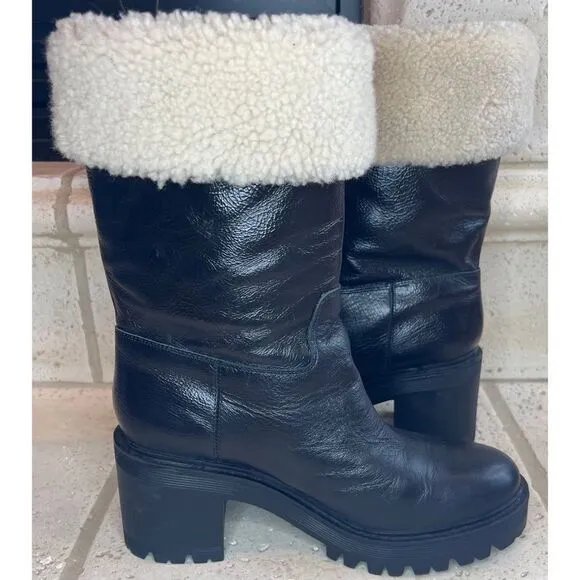 Marc Fisher Willoe Black Leather Genuine Shearling Trim Heeled Boots Sz 6