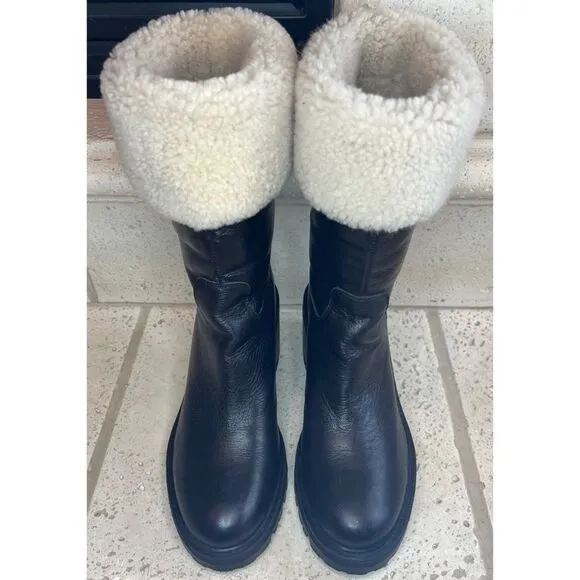 Marc Fisher Willoe Black Leather Genuine Shearling Trim Heeled Boots Sz 6