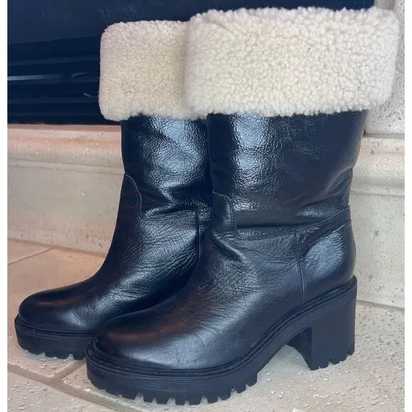 Marc Fisher Willoe Black Leather Genuine Shearling Trim Heeled Boots Sz 6
