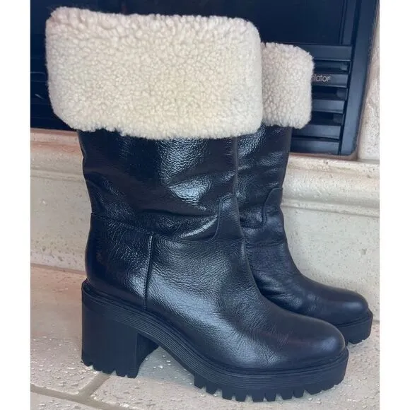 Marc Fisher Willoe Black Leather Genuine Shearling Trim Heeled Boots Sz 6