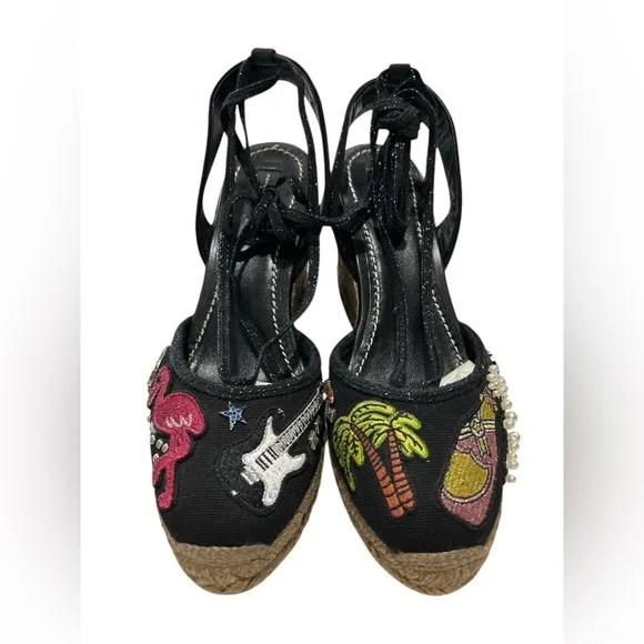 MARC JACOBS Nathalie Crystal &amp; Pearl Embellished Raffia Espadrille Wedge Sandals