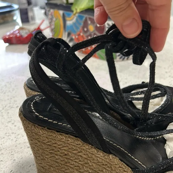 MARC JACOBS Nathalie Crystal &amp; Pearl Embellished Raffia Espadrille Wedge Sandals