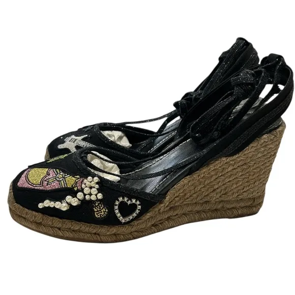 MARC JACOBS Nathalie Crystal &amp; Pearl Embellished Raffia Espadrille Wedge Sandals