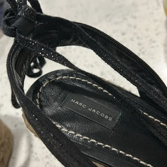 MARC JACOBS Nathalie Crystal &amp; Pearl Embellished Raffia Espadrille Wedge Sandals