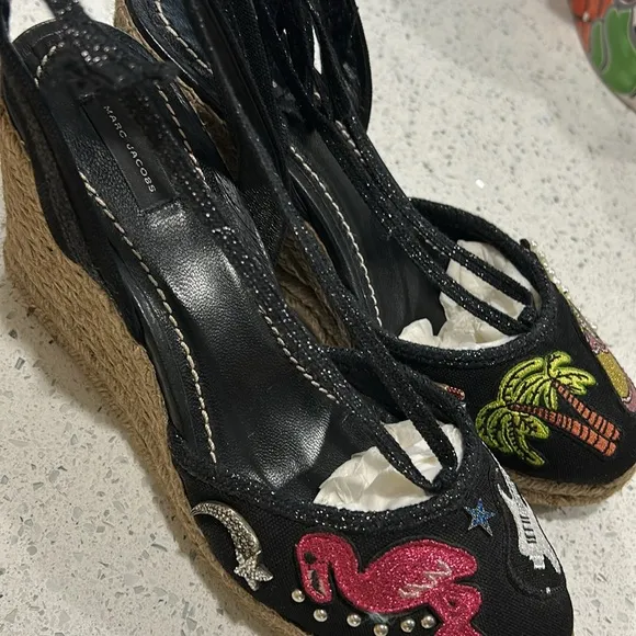 MARC JACOBS Nathalie Crystal &amp; Pearl Embellished Raffia Espadrille Wedge Sandals