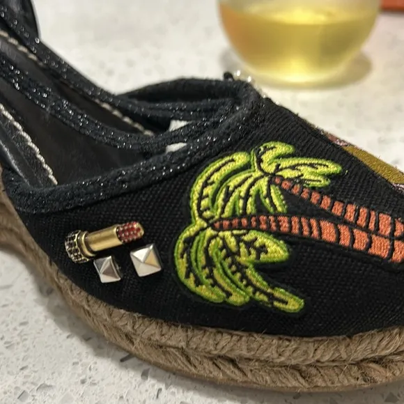 MARC JACOBS Nathalie Crystal &amp; Pearl Embellished Raffia Espadrille Wedge Sandals