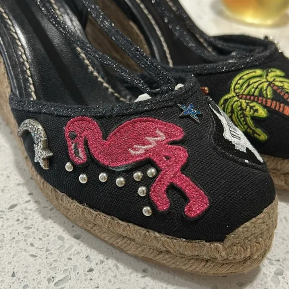MARC JACOBS Nathalie Crystal &amp; Pearl Embellished Raffia Espadrille Wedge Sandals