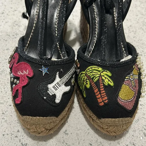 MARC JACOBS Nathalie Crystal &amp; Pearl Embellished Raffia Espadrille Wedge Sandals