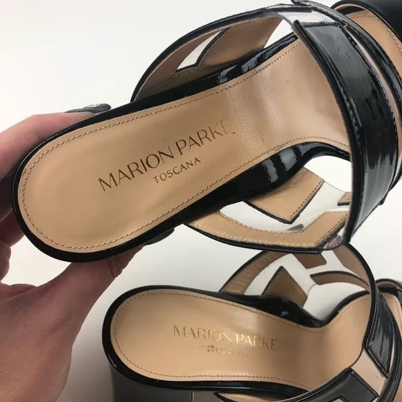 Marion Parke Bailey Geometric PVC Slide Sandal Block Heel 36 Black $596 in box