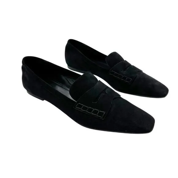 Marion Parke Black Suede Calder Penny Loafers Flats Square Toe Size 42 US 11