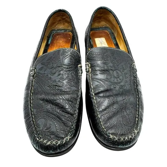 MARTIN DINGMAN Men 10 Black Leather Paisley Embossed Slip On Loafer Driving Shoe