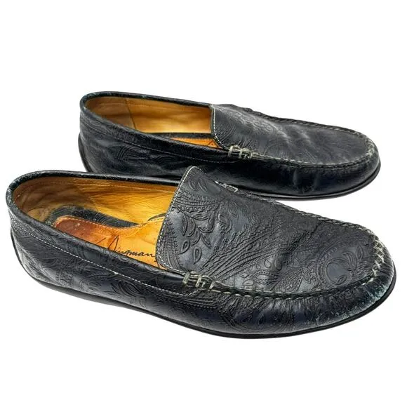 MARTIN DINGMAN Men 10 Black Leather Paisley Embossed Slip On Loafer Driving Shoe