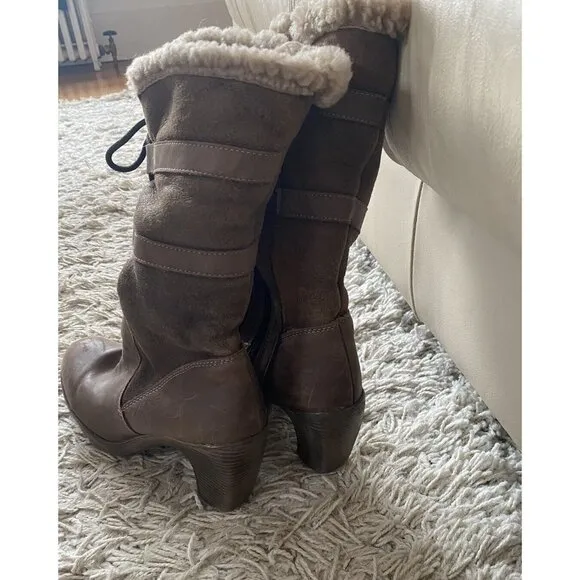 Martino Heeled Boots Taupe 8B Faux Shearling Leather Light Brown Lace Up