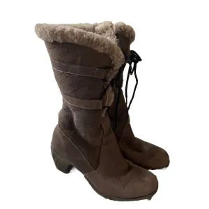 Martino Heeled Boots Taupe 8B Faux Shearling Leather Light Brown Lace Up