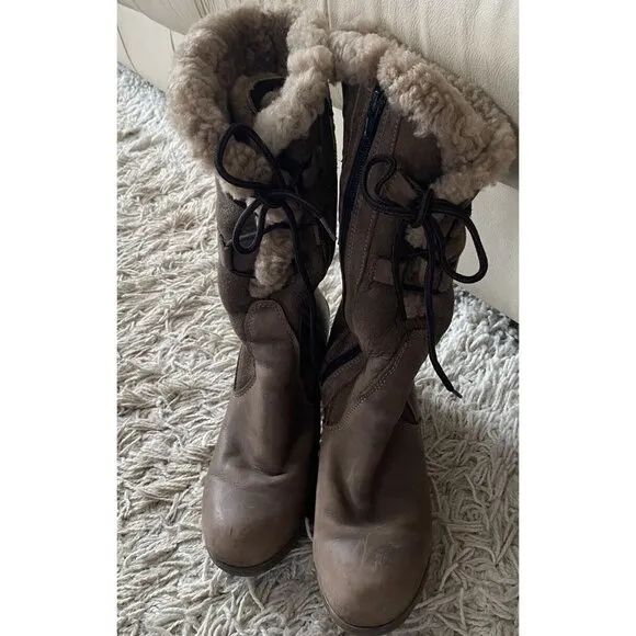 Martino Heeled Boots Taupe 8B Faux Shearling Leather Light Brown Lace Up