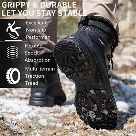 Men's Winter Snow Boots Waterproof Fur Lined Hiking Boots, Black