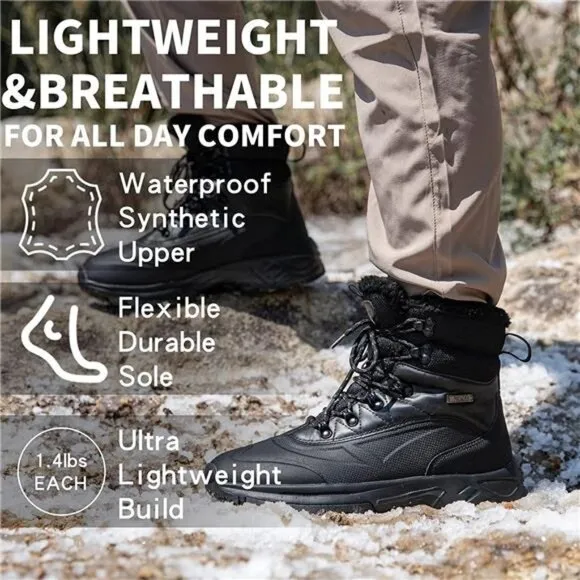 Men's Winter Snow Boots Waterproof Fur Lined Hiking Boots, Black